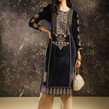 Navy Blue Heavily Embroidered Party-wear Velvet Kurta