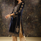 Navy Blue Heavily Embroidered Party-wear Velvet Kurta