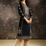 Navy Blue Heavily Embroidered Party-wear Velvet Kurta