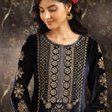 Navy Blue Heavily Embroidered Party-wear Velvet Kurta