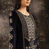 Navy Blue Heavily Embroidered Party-wear Velvet Kurta