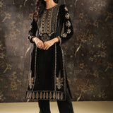 Black Heavily Embroidered Party-wear Velvet Kurta