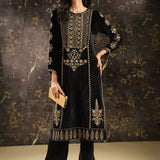 Black Heavily Embroidered Party-wear Velvet Kurta