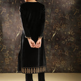 Black Heavily Embroidered Party-wear Velvet Kurta