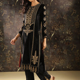 Black Heavily Embroidered Party-wear Velvet Kurta