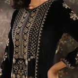 Black Heavily Embroidered Party-wear Velvet Kurta