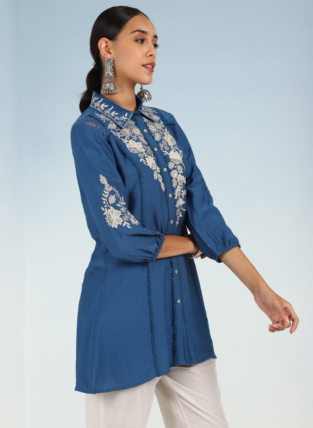 Blue Collared Tunic for Women with Puffed Sleeves-23AWLK04156-4 – Lakshita