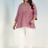 Onion Pink Tunic with Front Yoke Embroidery Detail