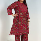 Fuchsia Floral Printed Modal Chanderi Kurta Set with Lace Work