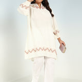 Ivory A line Rayon Tunic with Embroidery and Smocking effect Puffed Sleeve