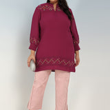 Fuchsia A line Rayon Tunic with Embroidery and Smocking effect Puffed Sleeve