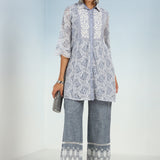 Blue Pure Cotton Ankle-length Palazzo for Women with Detailing on the Hem