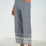 Blue Pure Cotton Ankle-length Palazzo for Women with Detailing on the Hem