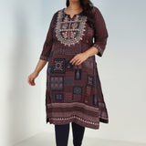 Maroon Printed Embroidered Kurta with Embellished Front Yoke