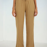 Beige Ankle-length Pants for Women with drawstring Waist and Lace Work on the Hem
