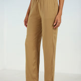 Beige Ankle-length Pants for Women with drawstring Waist and Lace Work on the Hem