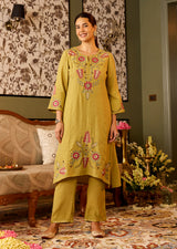 Noorain Pista Green Embroidered Cotton Linen Co-ord Set for Women