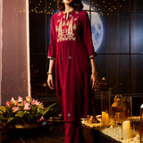 Ifrah Plum Embroidered Cotton Kurta Set for Women