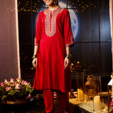 Raima Red Embroidered Rayon Kurta Set for Women