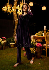 Sadia Deep Purple Embroidered Velvet Co-ord Set for Women