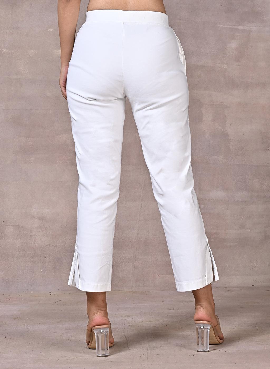 White Pant with Elastic Waist Band - Lakshita