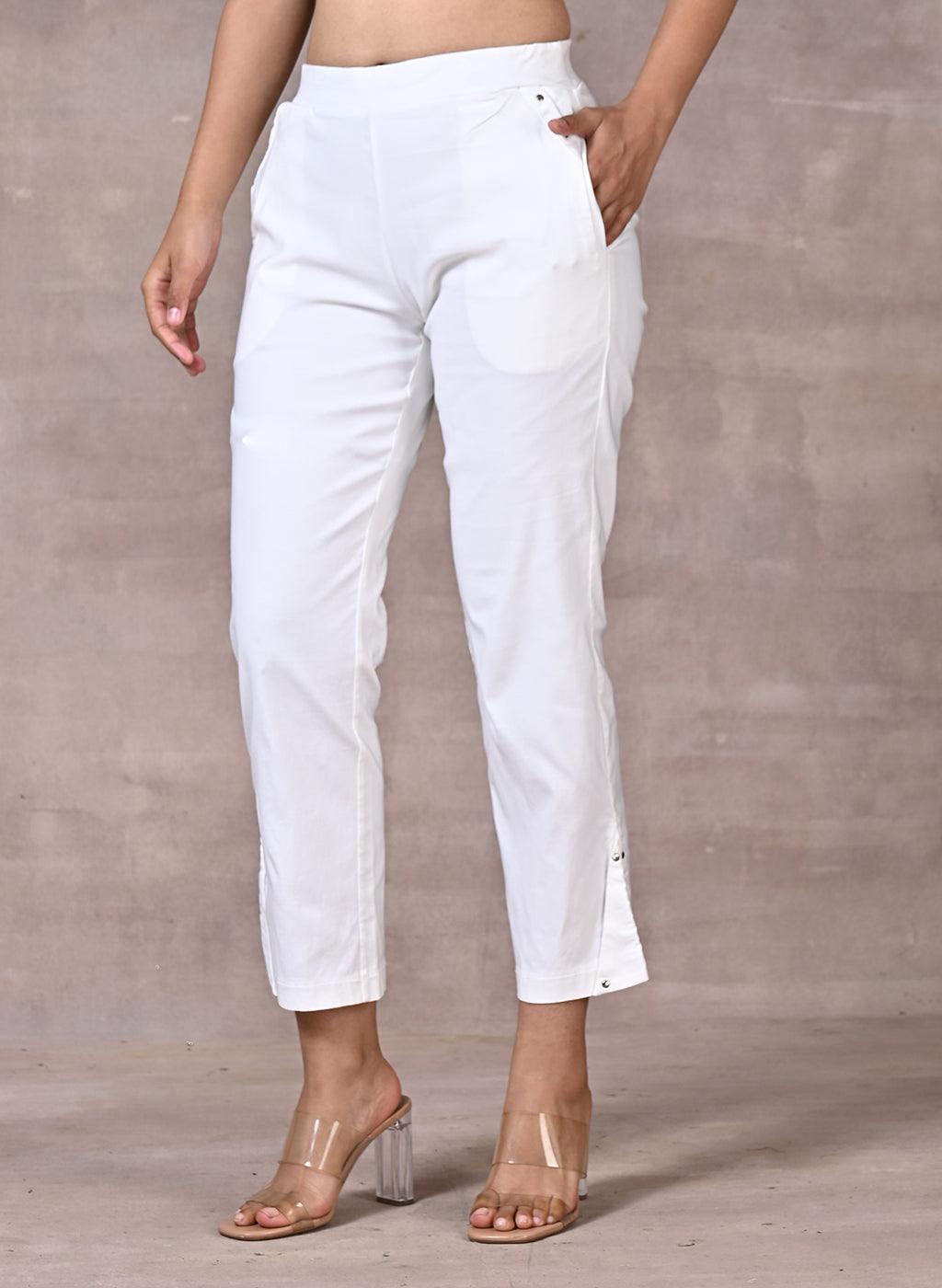 White Pant with Elastic Waist Band - Lakshita