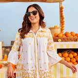 Woman wearing shades with Masakali Ivory with a Yellow Embroidered Schiffli Shirt