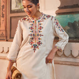 Shyla Ivory Embroidered Cotton Linen Tunic Set for Women