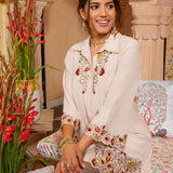 Malika Salmon Pink Embroidered Crinkled Crepe Long Shirt for Women