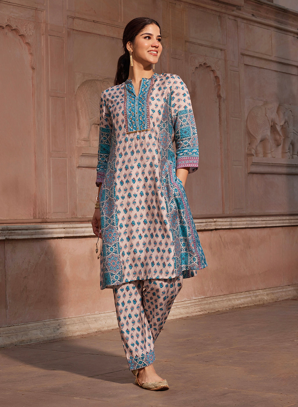 Apsara Teal Printed Cotton Silk Designer Kurta Set