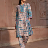 Apsara Teal Printed Cotton Silk Designer Kurta Set