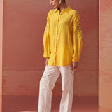 Mayal Yellow Embroidered Cotton Linen Shirt for Women