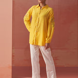 Mayal Yellow Embroidered Cotton Linen Shirt for Women