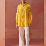 Mayal Yellow Embroidered Cotton Linen Shirt for Women