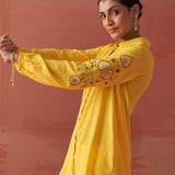 Mayal Yellow Embroidered Cotton Linen Shirt for Women