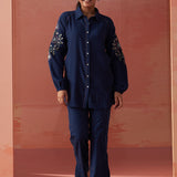 Mayal Navy Blue Embroidered Cotton Linen Shirt for Women