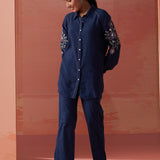 Mayal Navy Blue Embroidered Cotton Linen Shirt for Women