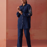 Mayal Navy Blue Embroidered Cotton Linen Shirt for Women