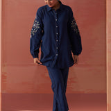 Mayal Navy Blue Embroidered Cotton Linen Shirt for Women