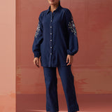 Mayal Navy Blue Embroidered Cotton Linen Shirt for Women