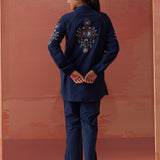 Mayal Navy Blue Embroidered Cotton Linen Shirt for Women