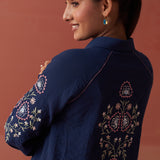 Mayal Navy Blue Embroidered Cotton Linen Shirt for Women