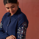 Mayal Navy Blue Embroidered Cotton Linen Shirt for Women