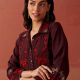 Iqra Burgundy Embroidered Cotton Co-ord Set for Women