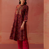 Samiya Wine Printed Chanderi Kurta