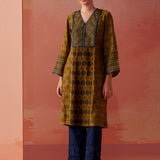 Arayna Light Olive Printed Chanderi Kurta for Women