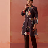 Sameen Chocolate Brown Printed Cotton Linen Kurti