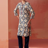 Tisha Teal Blue Printed Rayon Straight Mirror Work Kurta