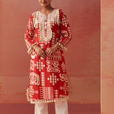 Ravleen Red Printed Long Rayon Kurta