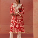 Ravleen Red Printed Long Rayon Kurta